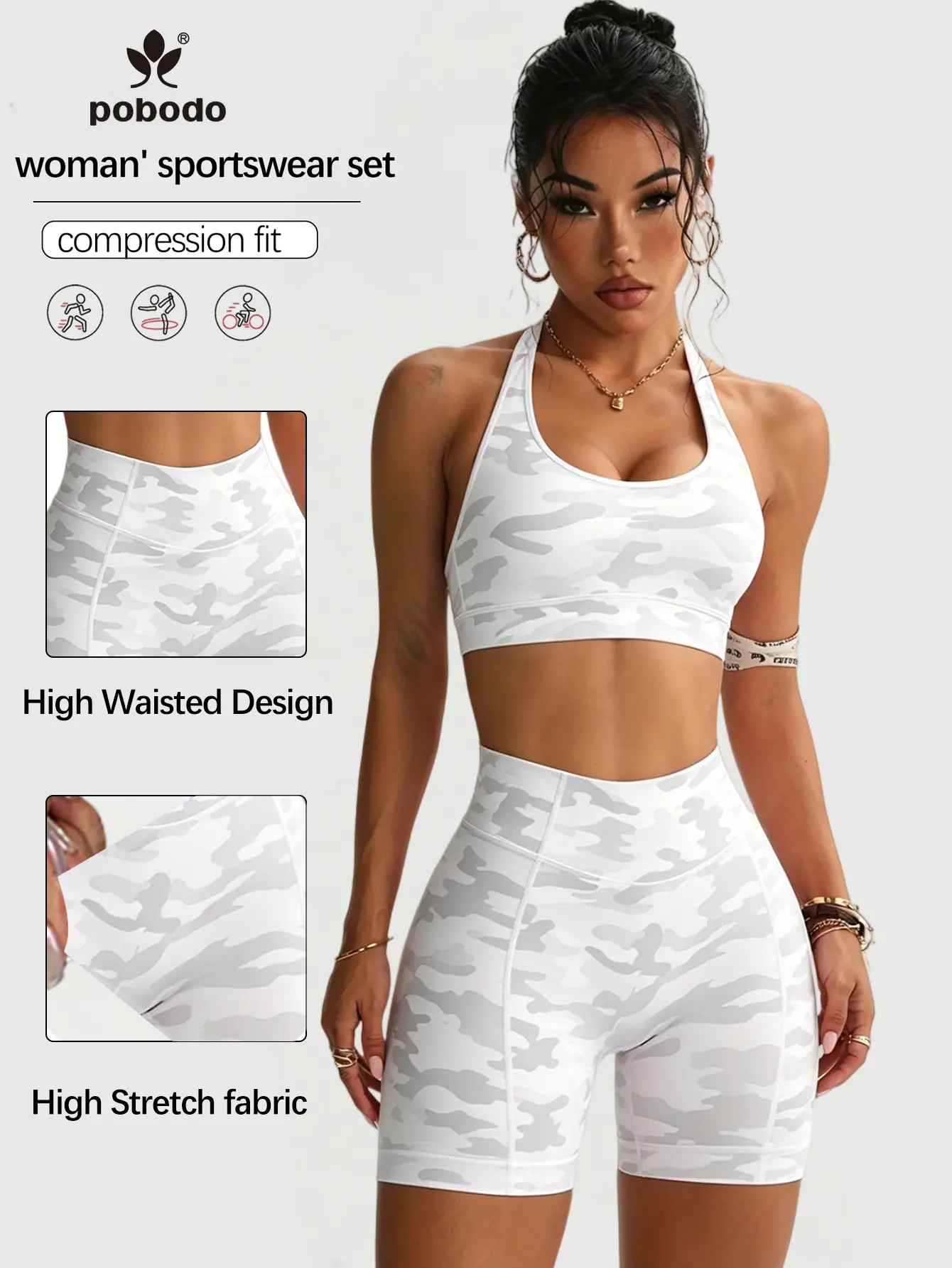 POBODO Women Camo 2 Piece Sportswear Set Compression Halter Sports Bra High Waist Stretch Biker Shorts Slim Fit Gym Yoga Workout Activewear,travel essentials,camping essentials