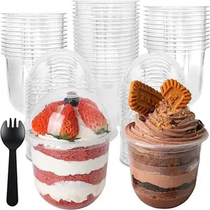 50 Pack 12oz Clear Plastic Cups with Dome Lids and Sporks No Hole Disposable Fruit Cups for Dessert, Cupcake, Parfait, Pudding, Iced Cold Drinks, Snacks, Fruits, Bakeries, Ice Cream