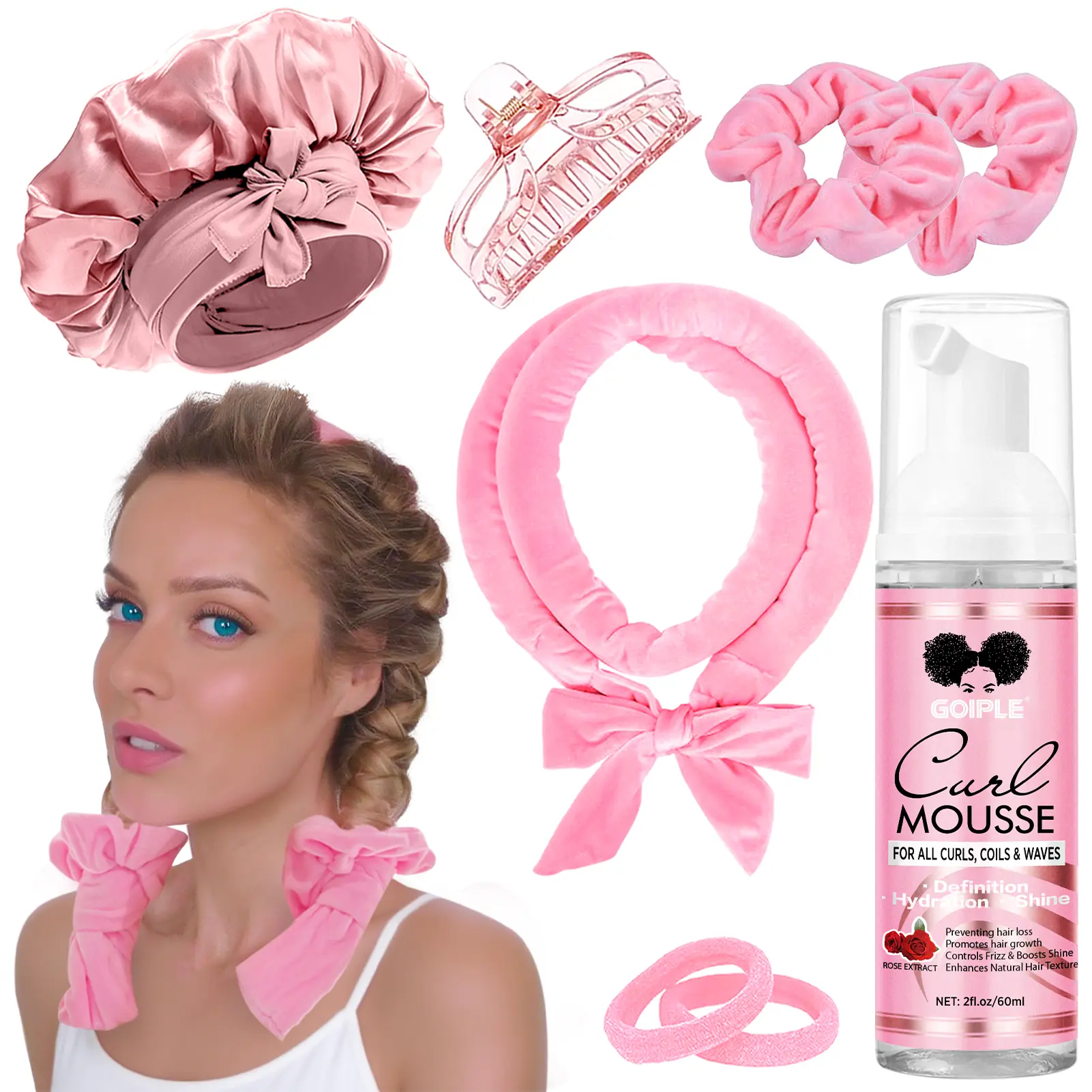 Goiple Heatless Hair Curler Set - Nighttime Heatless Curling Iron with Mousse for Smooth Curls & Frizz-Free Styling, Zero Heat Damage