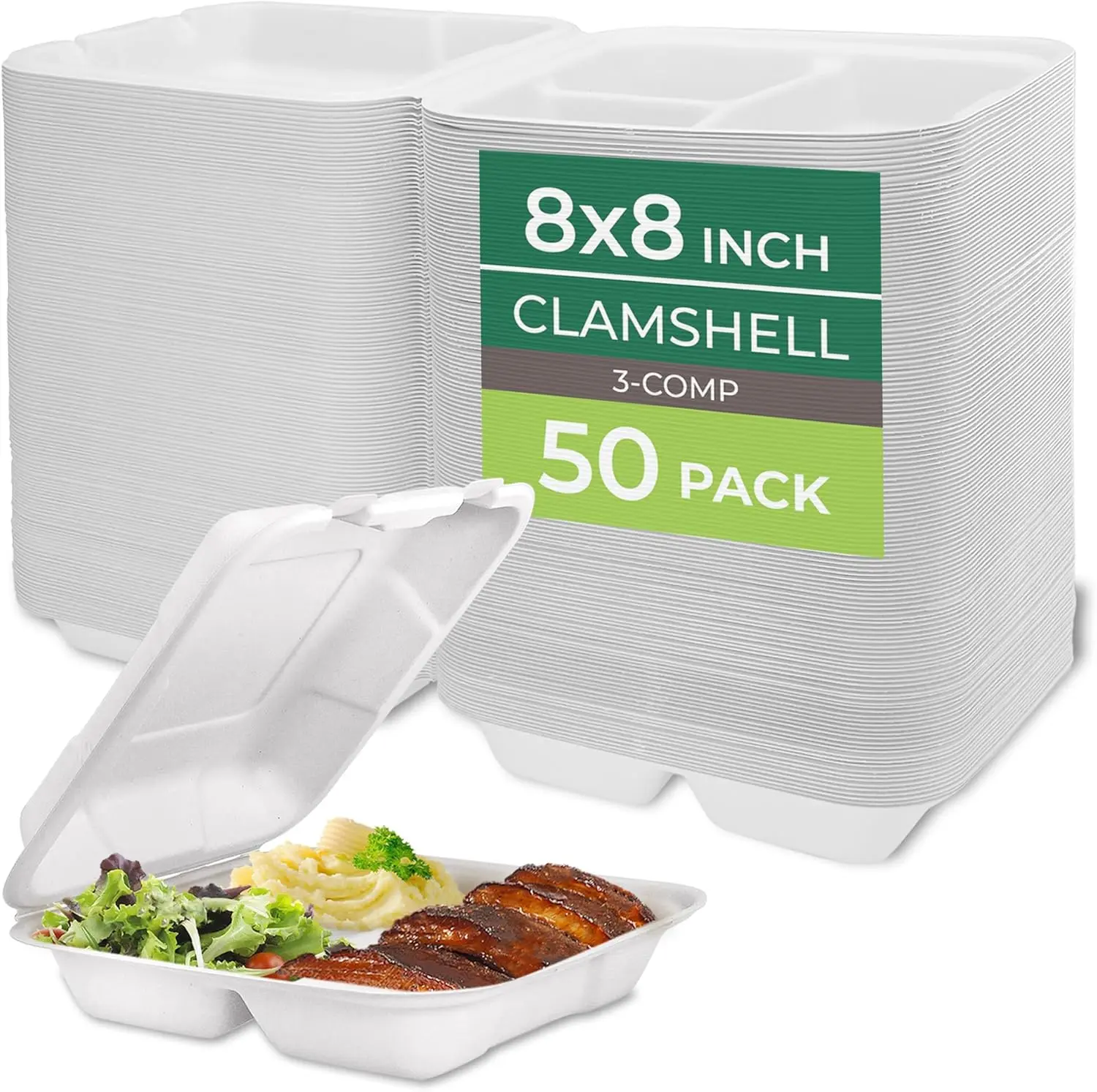 FRESHWARE 8x8 in 3-Compartment Solid Bamboo Fiber Clamshell Food Containers (50 Pack) - Disposable Tableware Set, Heavy-Duty, Leak-Resistant, Microwave-Safe, Eco-Friendly, Meal Prep, Takeout for Ceremony, Party Use