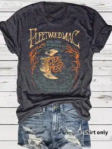 Women's Moon Print Round Neck Tee, Vintage Trendy Casual Short Sleeve T-shirt for Daily Wear, Ladies Summer Outfit, Top, Halloween