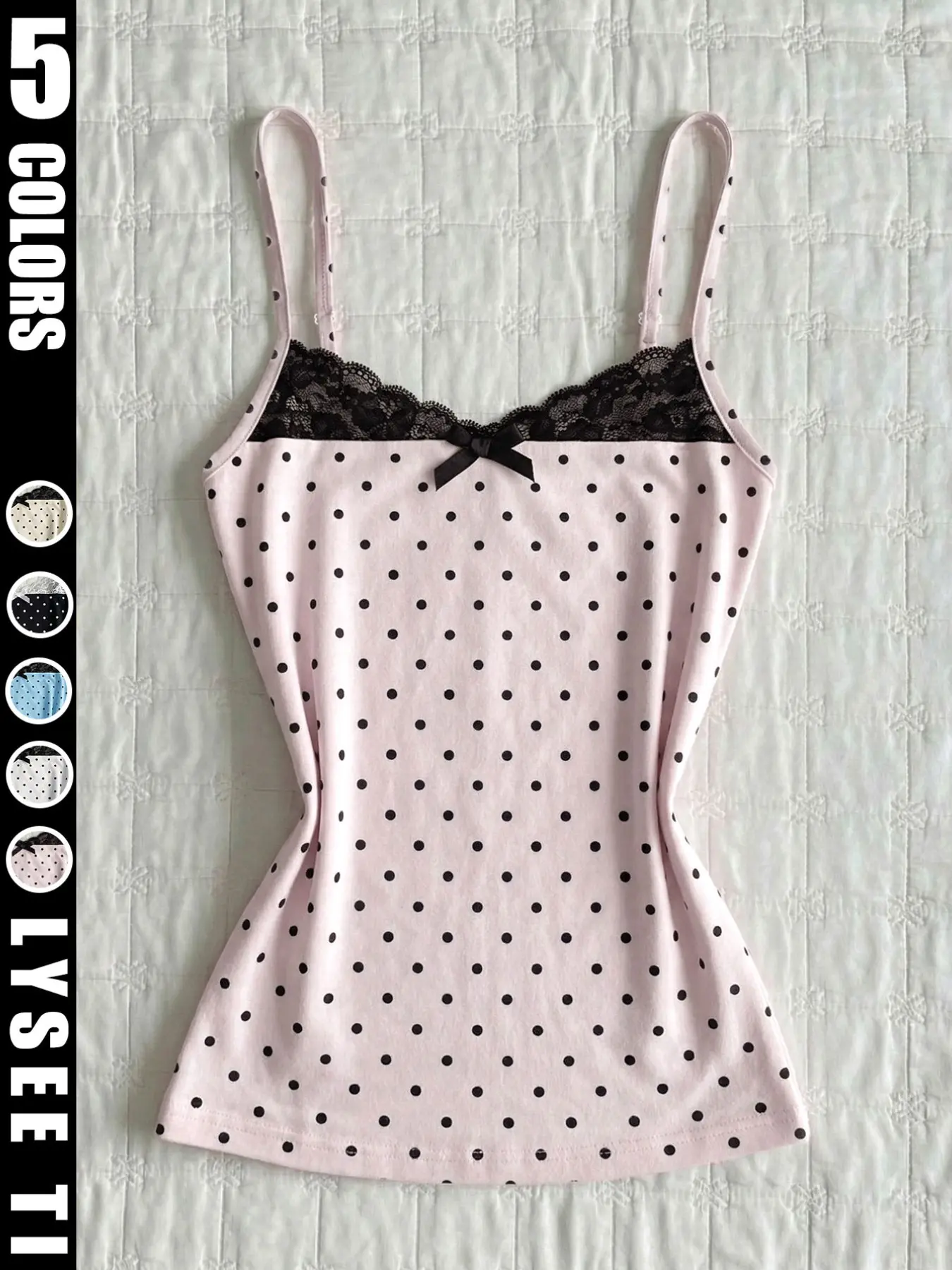 Summer Soft Polka Dot Lace Spaghetti Strap Fitted Camisole Shirt, Girlish Cute Bow Tie Slim Fit Short Sleeve Innerwear, Trendy Women's Clothing, Womenswear