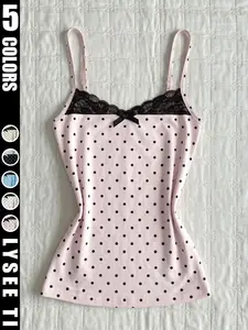 Summer Soft Polka Dot Lace Thin Strap Fitted Top, Girlish Cute Bow Tie Slim Fit Short Sleeve Innerwear, Trendy Women's Clothing, Womenswear