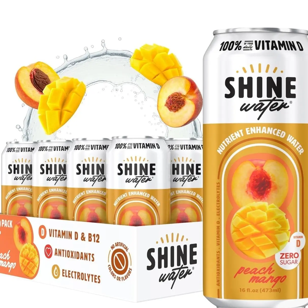 Shine Water Peach Mango Vitamin D Electrolyte Drinks 12-Pack, Sugar Free Flavored Water with Magnesium, Zinc & Antioxidants, Low Calorie Hydration Beverage, Plant-Based Vitamin Water Zero Sugar