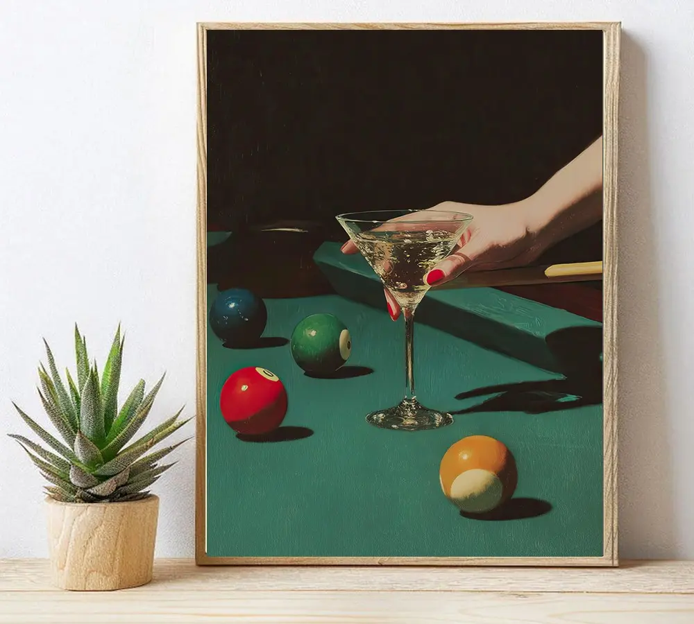 [No Frame] Vintage Dive Bar Martini Pool Poster Art, Retro Billiards Smoking Cocktail Oil Painting Art, Lucky 8 Ball Print