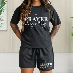 Plus Size Letter Print Summer Lounge Tracksuit Two-piece Set, Short Sleeve Crew Neck T-shirt & Slant Pockets High Waist Shorts Outfits, Women's Plus Size Clothing