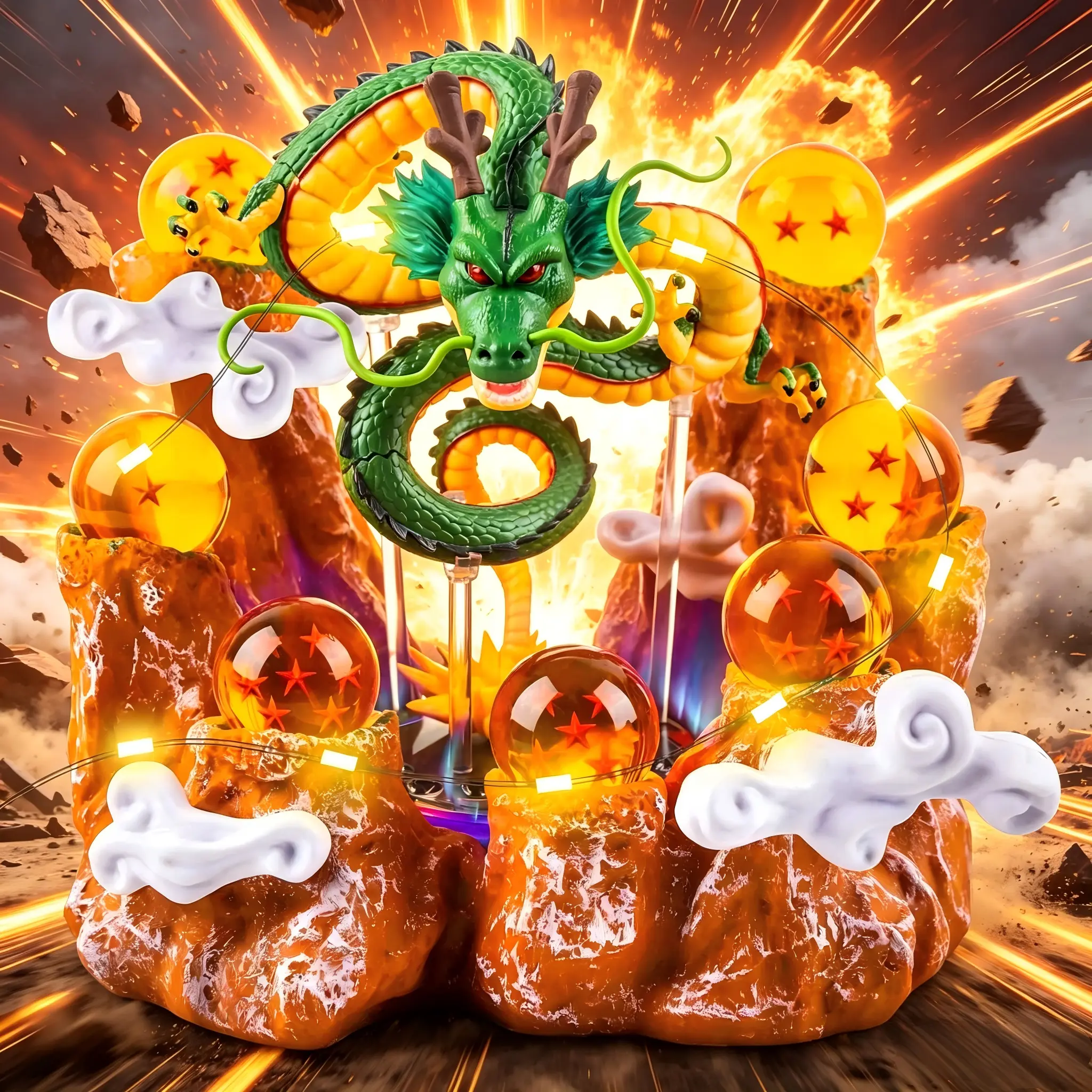 3D Resin Dragon Statue Set - 3.6cm 7 Glowing Dragon Balls (Crystal Balls), White Auspicious Cloud Relief Base, LED Mountain Floor Stand (LED Lights), Glowing Eyes, Exclusive Gift Box for Anime Collectors, Home Decor, Back to School Gift
