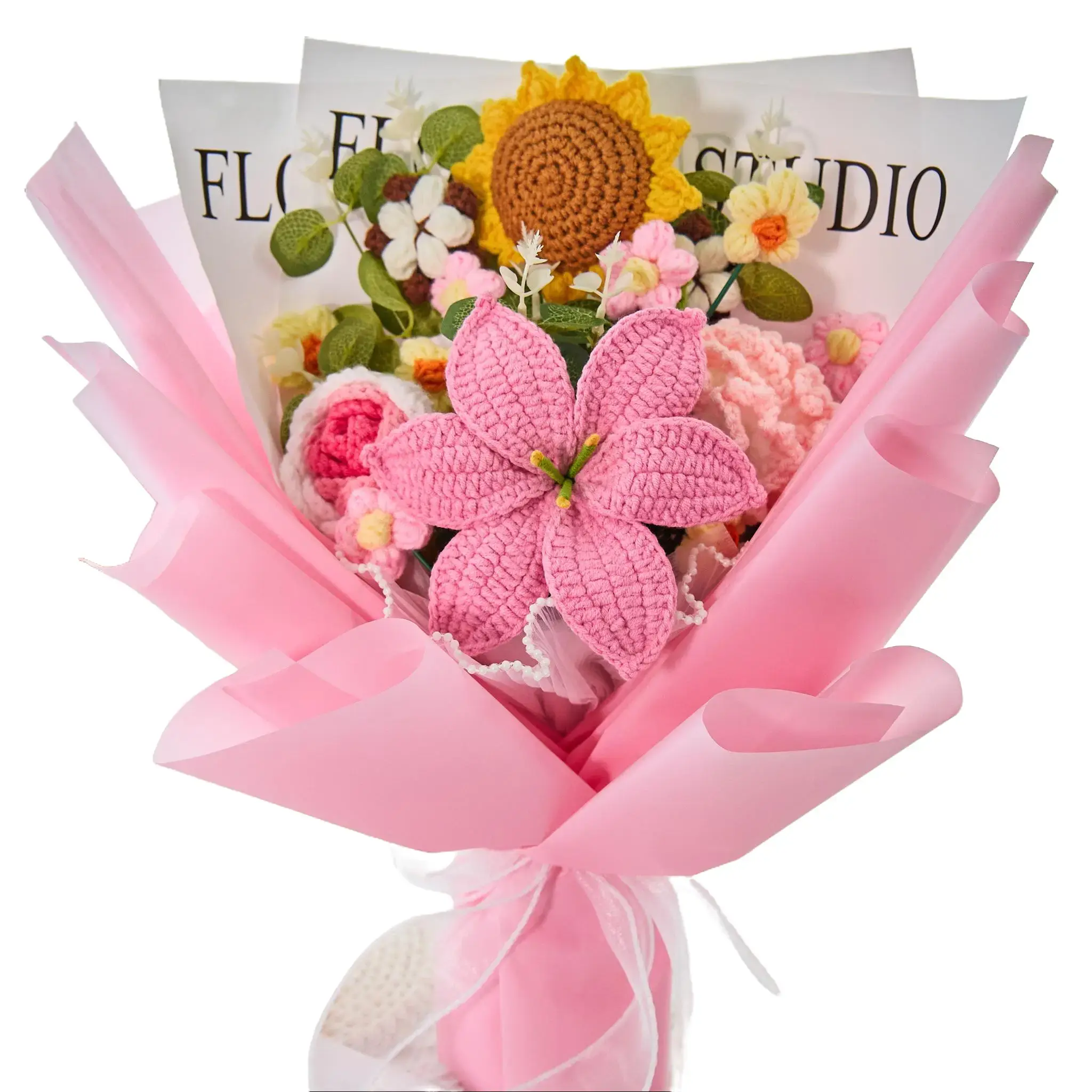 YShomy Handmade Crochet Flowers Bouquet Gift for Girlfriend Birthday Wedding Anniversary Just Because Graduation Gift with Premium Combed Cotton Yarn Eucalyptus Forever Flowers for Her with Greeting Card US Fast Shipping Eco Friendly Home Decor