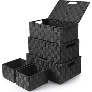Storage Bins Baskets for Organizing with Lids, Storage Baskets for Shelves Stackable Woven Basket,  Small Basket Storage Cubes, Decorative Wicker Basket with Built-in Handles (5 Pack, Black)
