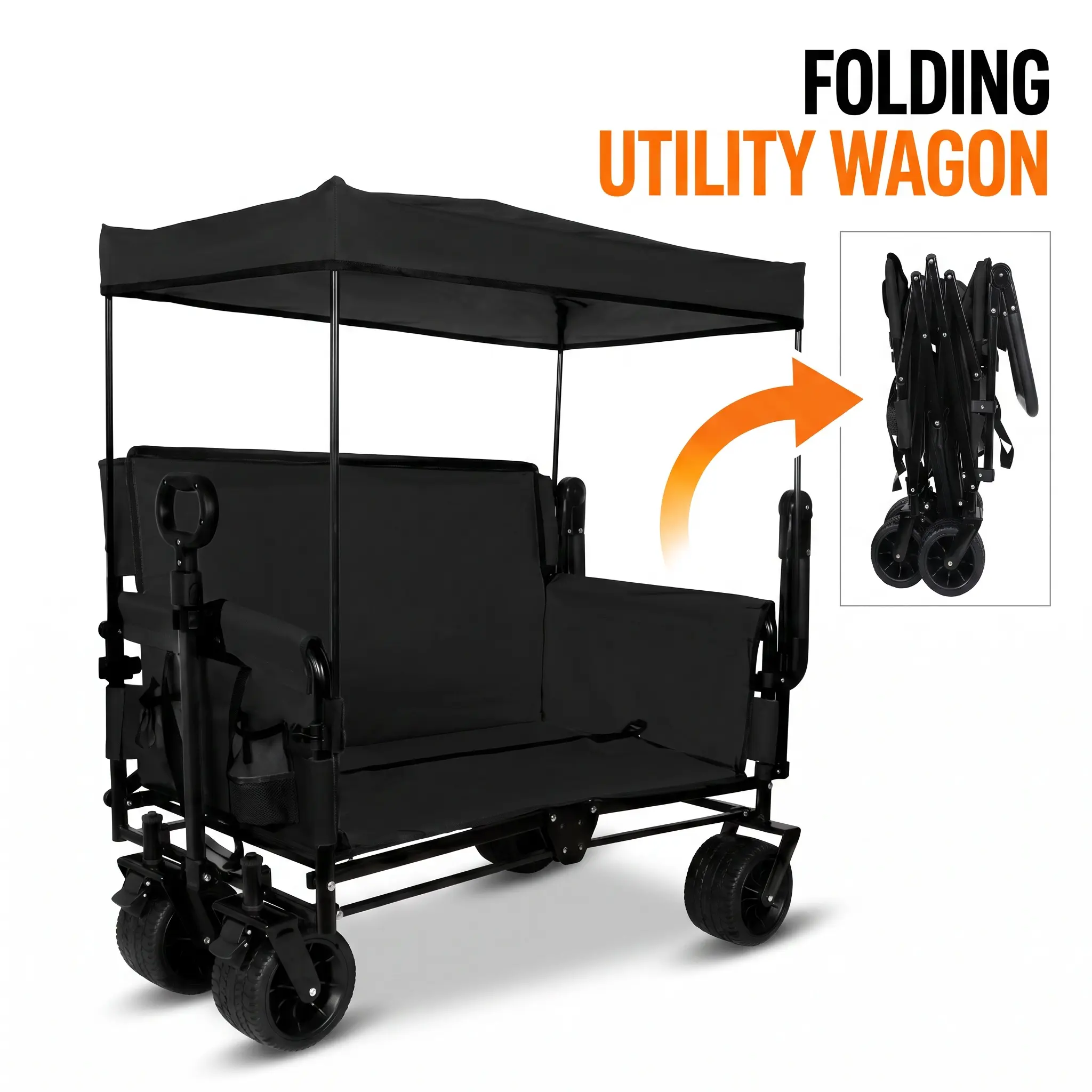 3-in-1 Heavy Duty Folding Wagon Cart with Bench Seat, Canopy & Rear Folding Tabletop, 500lbs Load, 180L Large Capacity, All-Terrain 9"x4" Wheels, Foldable Utility Wagon for Camping, Beach, Sports & Garden, Multiple Colors