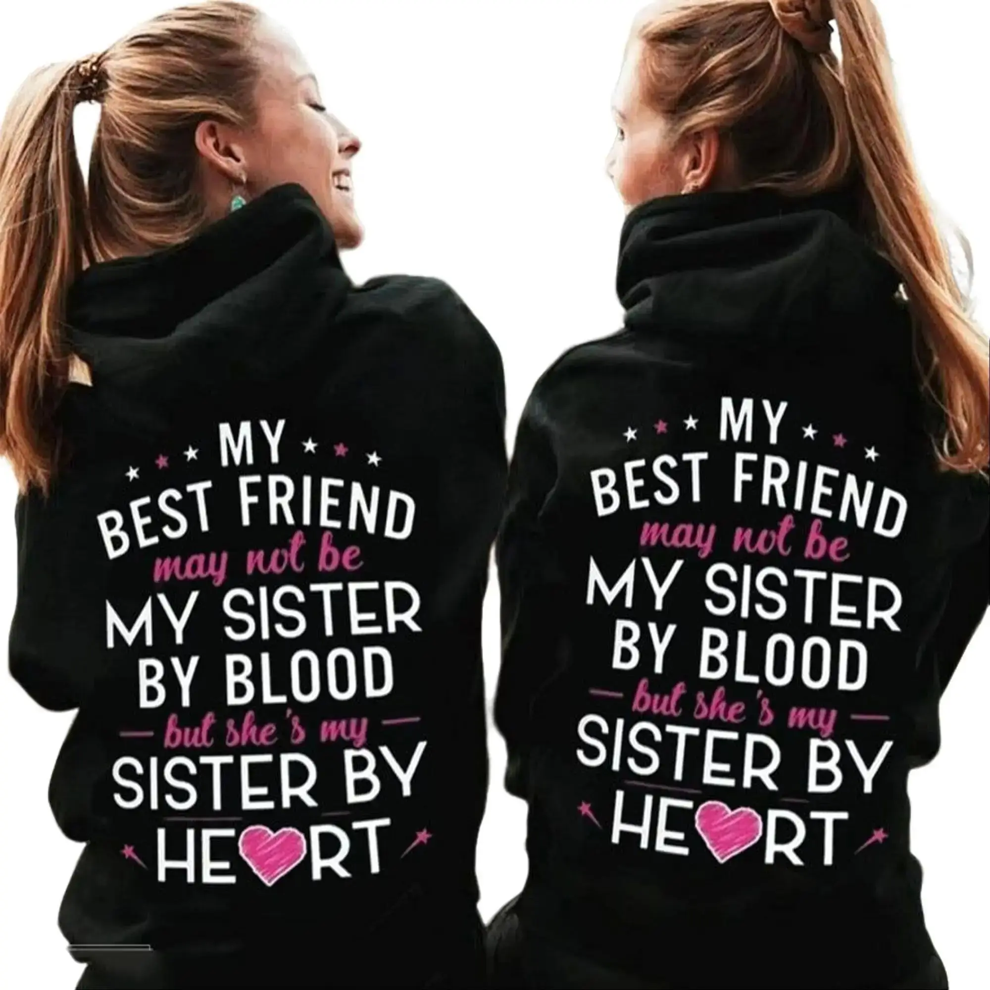 Classic Pullover Hoodie for Women, "Sister by Heart" Best Friend Graphic Sweatshirt, Soft Cotton Blend Fleece Top for All Seasons, Unisex Gift, Avoid Fabric Softeners, Do Not Dry Clean, Custom Artwork Women's Hoodies, Cartoon Couple Graphic Women's Hoodie