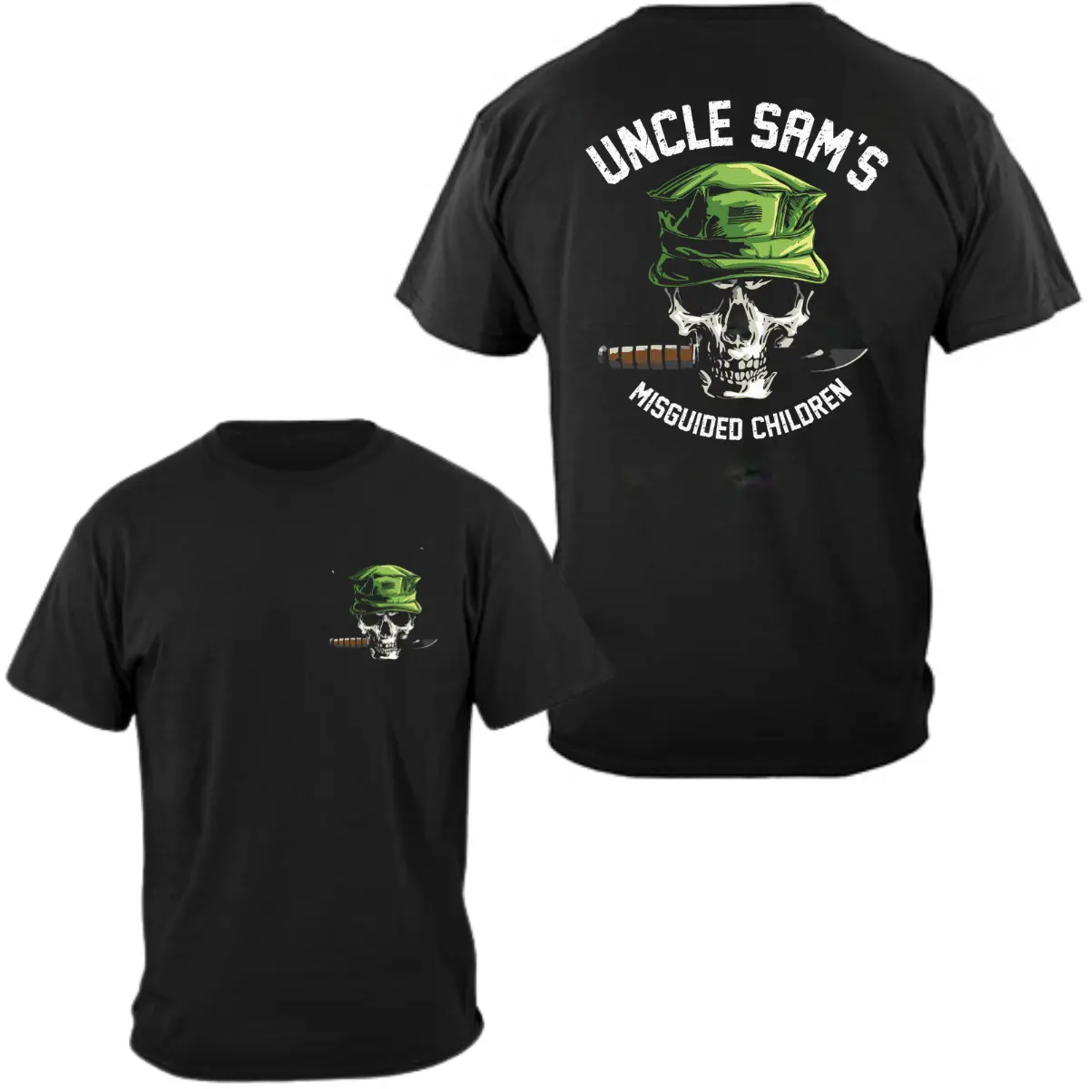 Uncle Sam's Misguided Children T-Shirt, 2 Sides Skull with Green Military Cap and Combat Knife Graphic, USMC Slang Tribute Tee, Tactical Veteran Apparel, Gift for Marines, for Men & Women