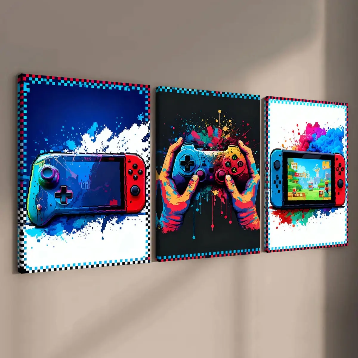3 count wooden frame canvas, Graffiti game console poster, cool game room decoration, stylish living room decoration, Modern family poster, exquisite corridor wall art, HD, waterproof