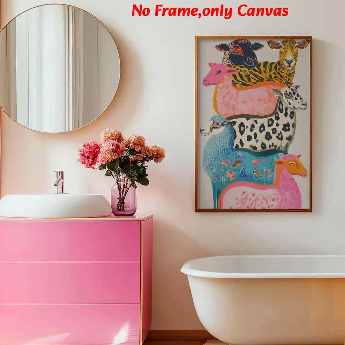 1 pc, wall art, vintage poster, Vintage Prints, dopamine sheep art print, Artwork, pop style pink blue orange animal canvas painting, room decor, living room decor aesthetic, bedroom decor, housewarming gift, unframed
