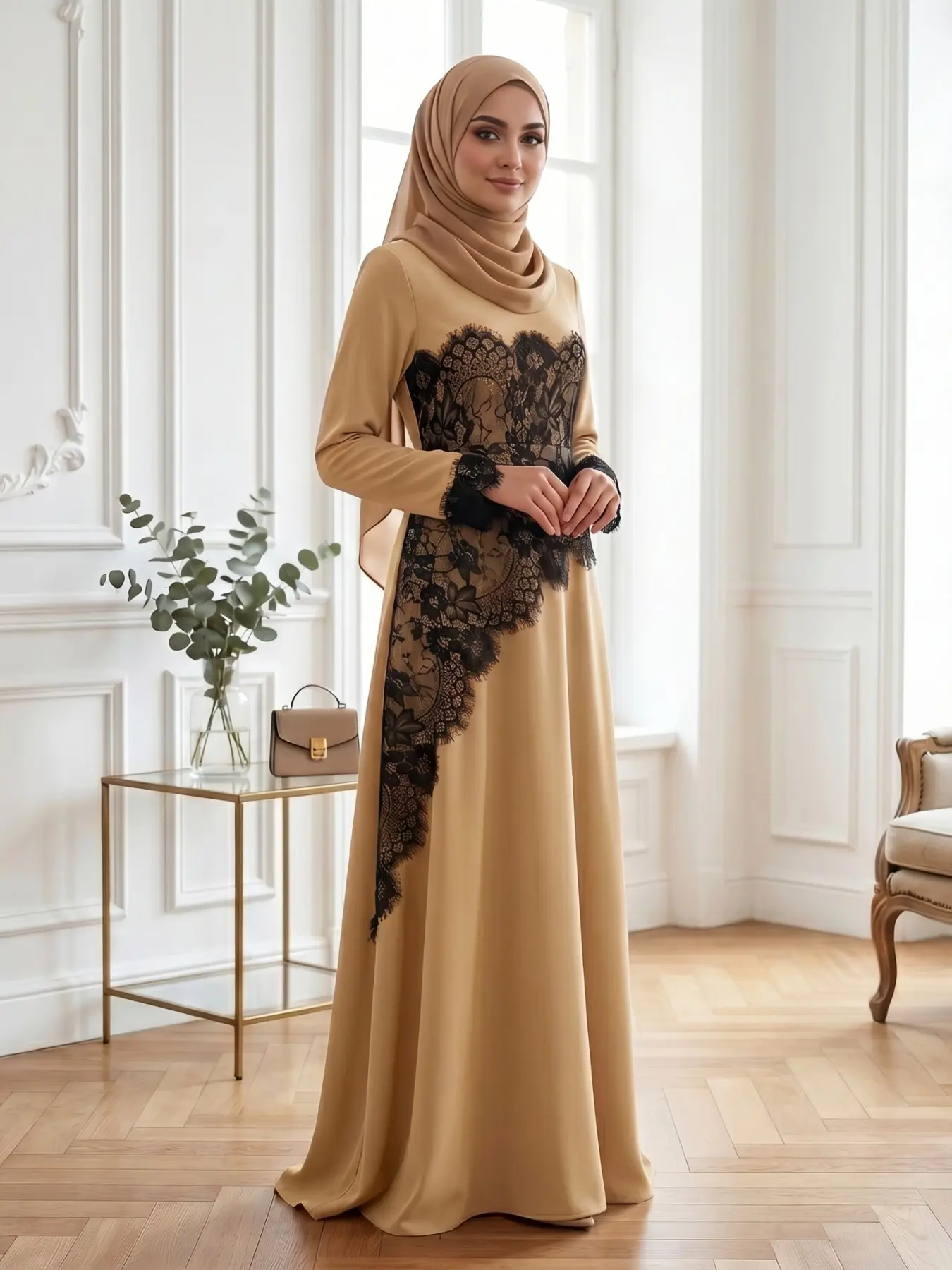 Muslim Women's New Long Sleeve Plain Elegant Lace Contrast Waist Zip Dress, Muslim Dresses, Modesty Muslim Clothing, Modest Islamic Clothing, Soft Nida Fabric, No Headscarf Included, Casual Style, Modest Dress, Islamic Modesty Clothes