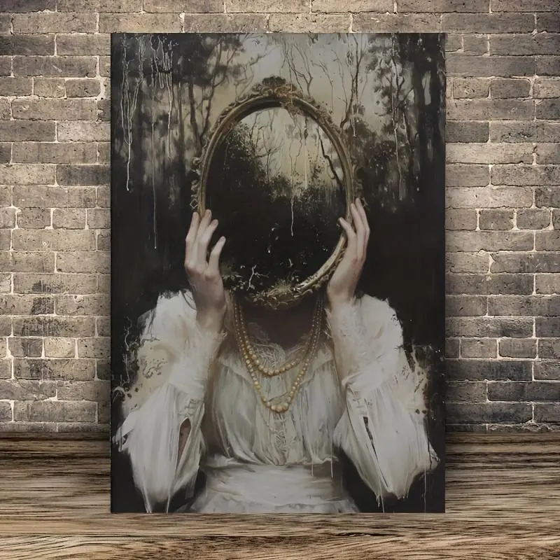 Vintage Dark Gothic Woman With Mirror Canvas Wall Art, Surreal Forest Oil Painting Print, Moody Victorian Dark Academia Decor Unframed Canvas Poster or Framed Canvas Wrap