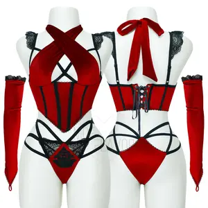 MOEFLAVOR Harlot Lingerie Set - Gothic Y2K Red/Green Velvet Corset with Black Lace Detailing & Matching Lace-Up Panties