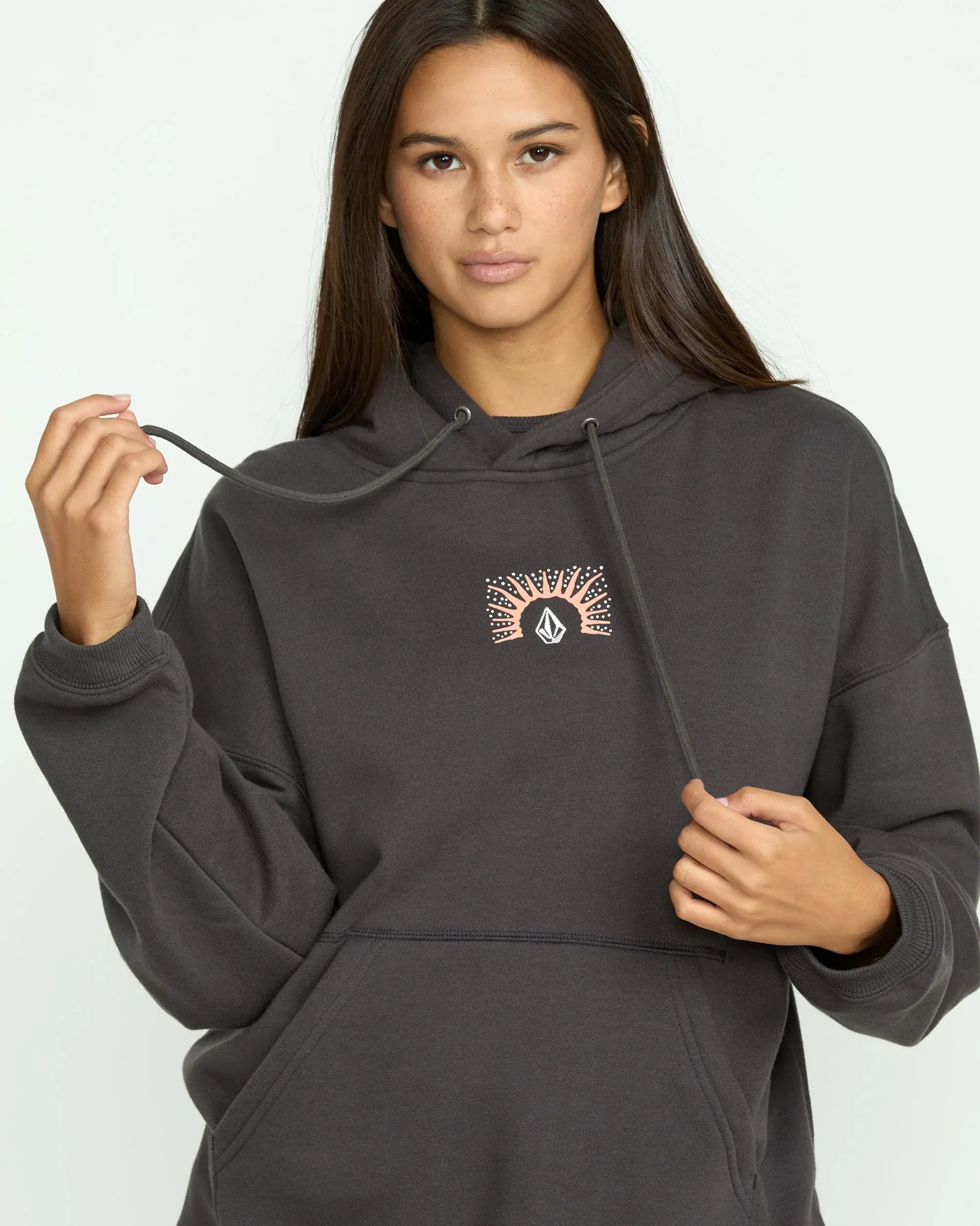 VOLCOM Women's Cotton Text Detail Hooded Pullover - Stone Art Cloud-Like Brushed Fleece, Super-Soft Oversized Long Sleeve Tops, Kanga Pocket, Loose Casual Cozy Chic Soft Sleeve Hoodie for Women, Long Sleeve Tops Women, Pullovers For Women