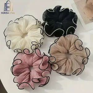 4-Pack Large Pleated Chiffon Scrunchies for Women, Soft Voluminous Hair Accessory with a Ruffled Black Edge for Everyday & Party Outfits