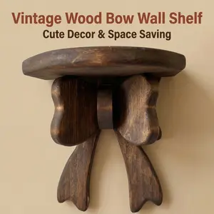 Vintage Wood Bow Wall Shelf - Rustic Farmhouse Display Stand for Living Room Bedroom Bathroom - Space Saving Small Shelf for Halloween Easter Thanksgiving Decor - Easy Install & Durable