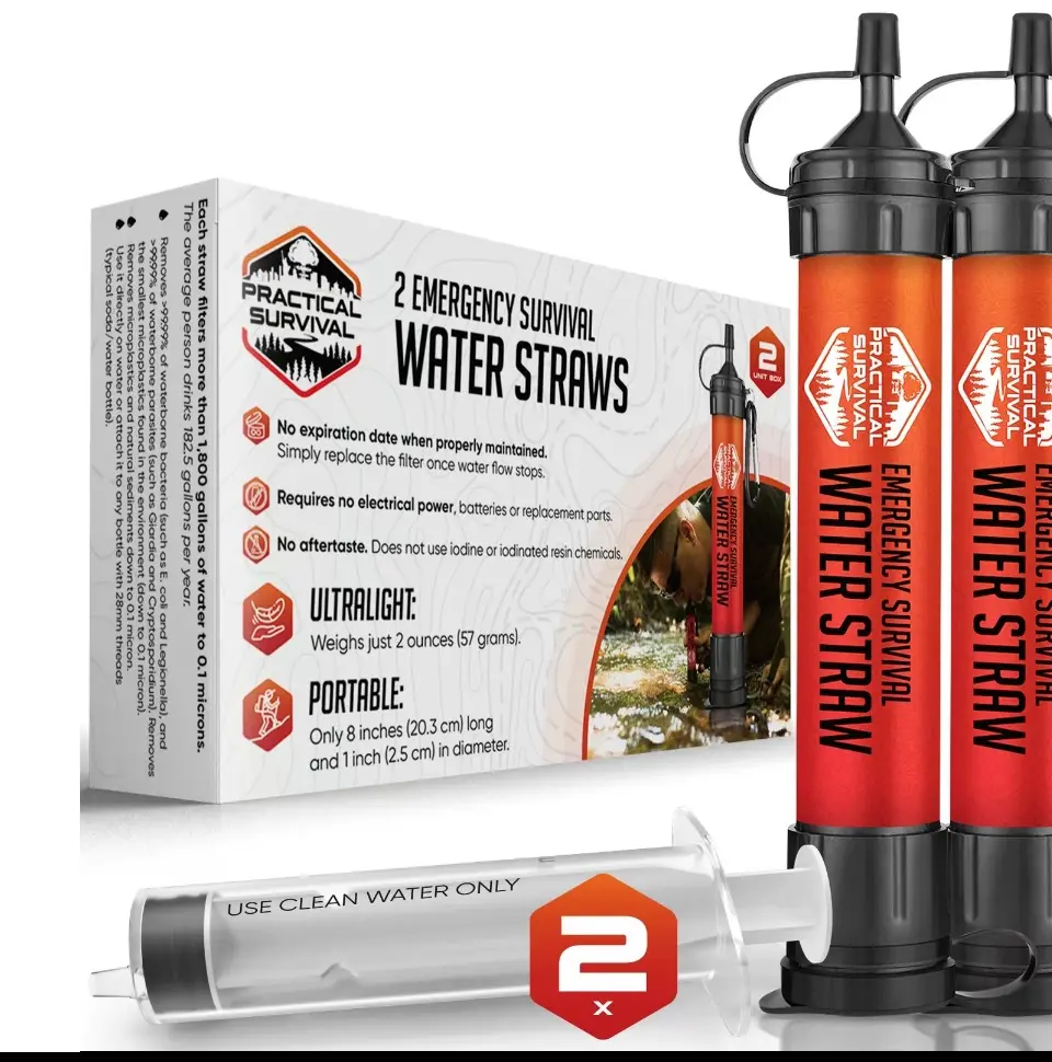 Practical Survival 2 High Capacity Emergency Water Straws - Lightweight Portable Personal Filters for Camping Hiking Travel Biking & Survival Preparedness