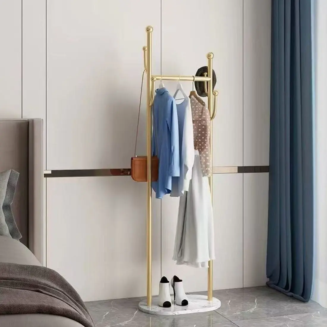 Sturdy Modern Golden Iron Corner Coat Rack - Stand-Mounted Clothing Hanger with Marble Base, Easy-Install Freestanding Unit with Installation Tools for Bedroom Hanging Hat, Scarf, Jacket