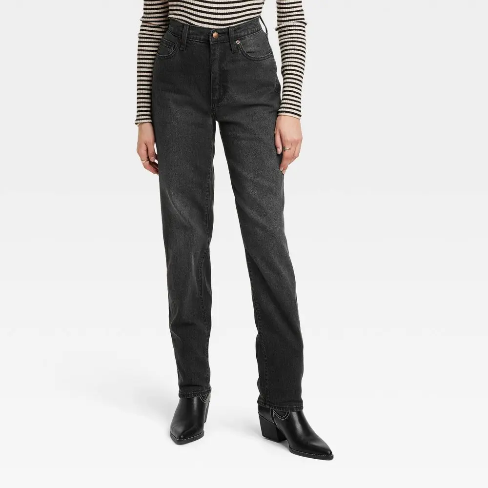 Universal Thread Women's High-Waisted Straight Cargo Jeans - 90's Vintage Black, Zipper-Button Closure, Spandex-Blend Garment, Women's Bottoms, Pocket, Cotton