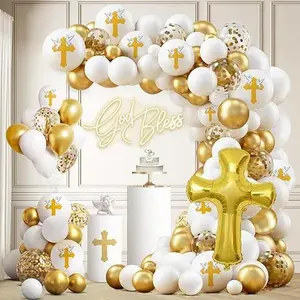 First Communion Decorations 129Pcs First Communion Balloon Garland Arch Kit white Confetti Balloons with Cross Balloon for First Holy Communion Decorations God Bless Christening Baptism Party Supplies