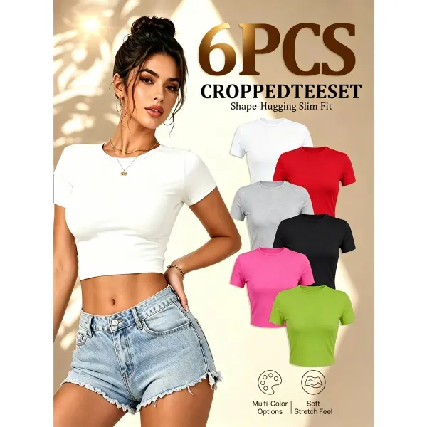 Women's Summer Daily Casual Y2K Style Cropped T-Shirts, Short Sleeve Cotton Crop Tops, Stretchy & Comfortable Streetwear Tees, Tops for Daily Wear & Back-to-School Outfits  Minimalist