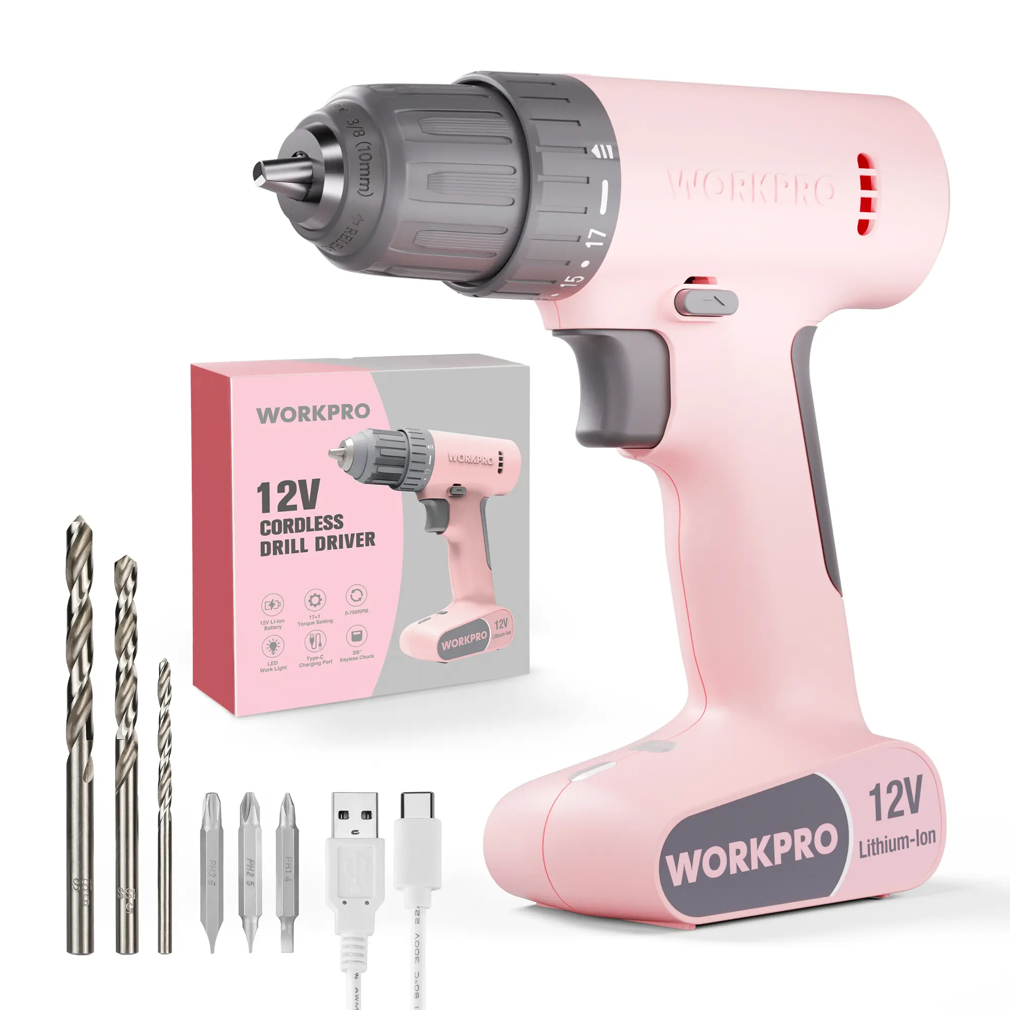 #Summersales WORKPRO Pink Cordless Drill Driver Set, 12V Electric Power Drill Tool Kit with 6 Pcs Bits, 3/8-Inch Keyless Chuck, Variable Speed, 18 Touque Setting, Type-C Charge Cable, Led Light, Pink Ribbon