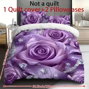 3-piece set of purple rose bedding -1 duvet cover+2 pillowcases (unfilled), fashionable and classic bedding set, soft and comfortable polyester duvet cover, high-definition printing, suitable for families, dormitories, bedrooms, and guest rooms