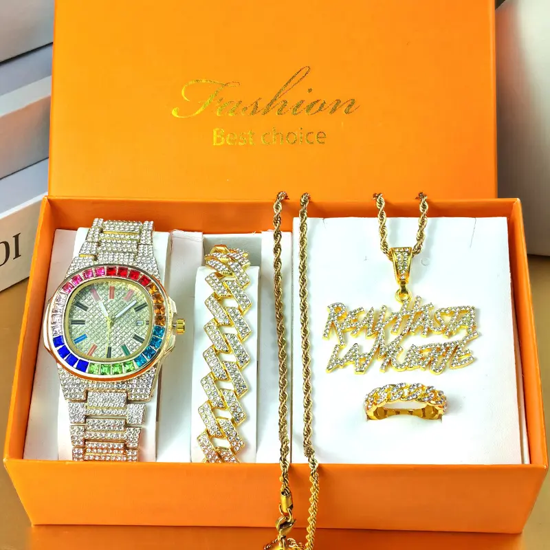 Men's 5-Pieces Hip-Hop Jewelry & Fashion Watch Set - Cuban Link Iced-Out Bracelet, Rope Twist Chain, Glossy Tone Rainbow Dial Precise Quartz Watch, Letter Pendant Necklace, Ring