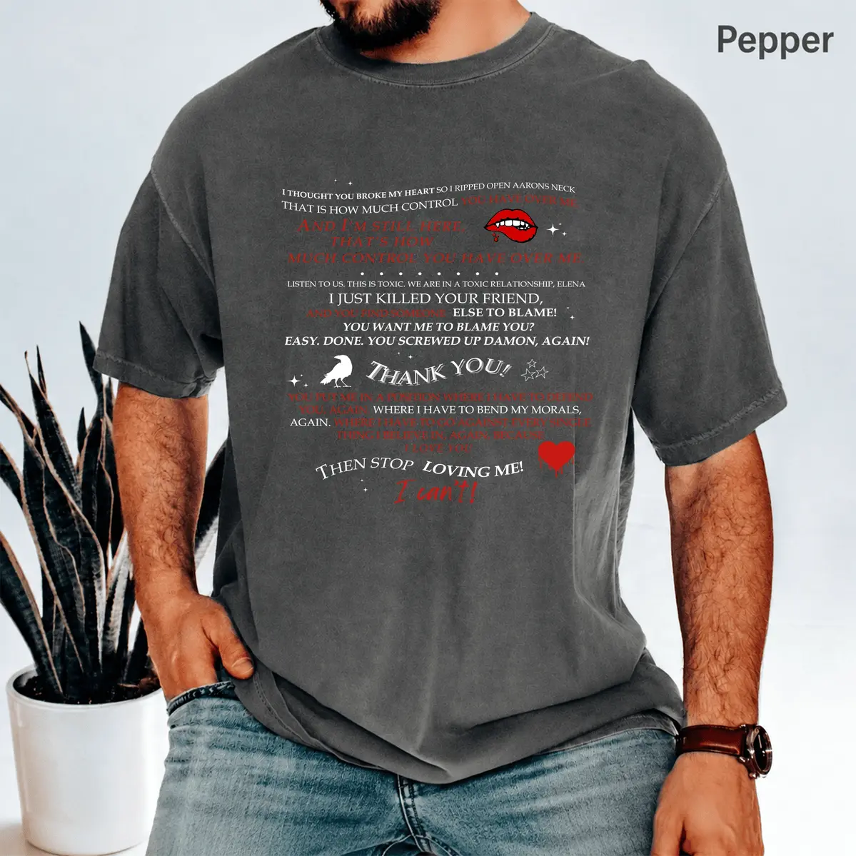 The Vampire Diaries Damon & Elena Letter Casual Streetwear Short-Sleeve Cotton T-Shirt, Vintage Relaxed-Fit Men's/Women's Top, Christmas Gift