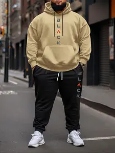 【Plus Size】 Letter Print Zip Up Hoodie & Sweatpants Set, Casual Long Sleeve Hooded Sweatshirt & Jogger Pants, Men's Two-piece Outfits for Fall & Winter