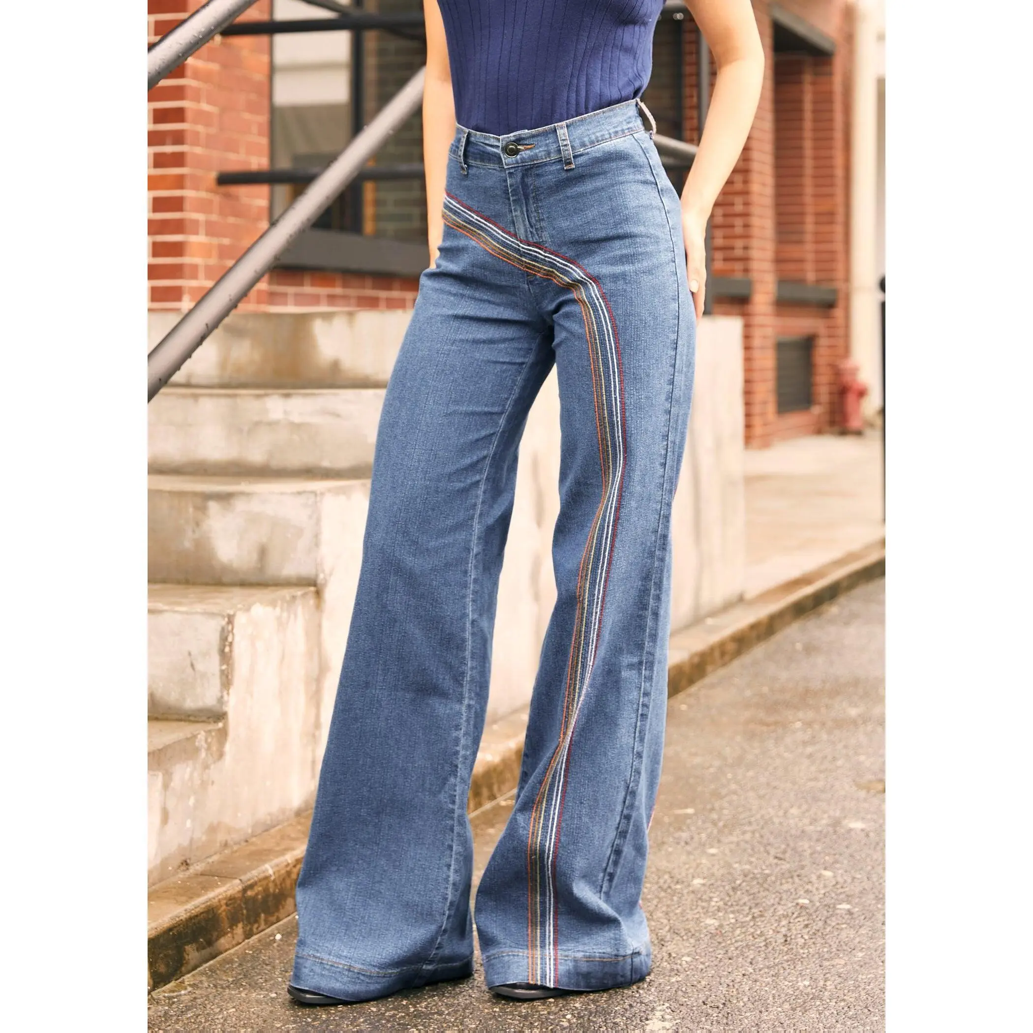 ModCloth Rainbow With Me Wide Leg Flare Jeans 34" Inseam High Rise Waist Embroidery - Medium Wash (0-26W) Cute Embroidered Stretch Denim Vintage Style
