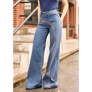 ModCloth Rainbow With Me Wide Leg Flare Jeans 34" Inseam High Rise Waist Embroidery - Medium Wash (0-26W) Cute Embroidered Stretch Denim Vintage Style