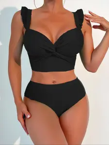 Two-piece Set Women's Twist Ruffle Bikinis Set, Solid Push Up Bikini Top & High Waist Bikini Bottom, Ladies Swimwear for Summer Beach Holiday Vacation, Twist Front Swimsuit, Solid Ruched Swimsuit