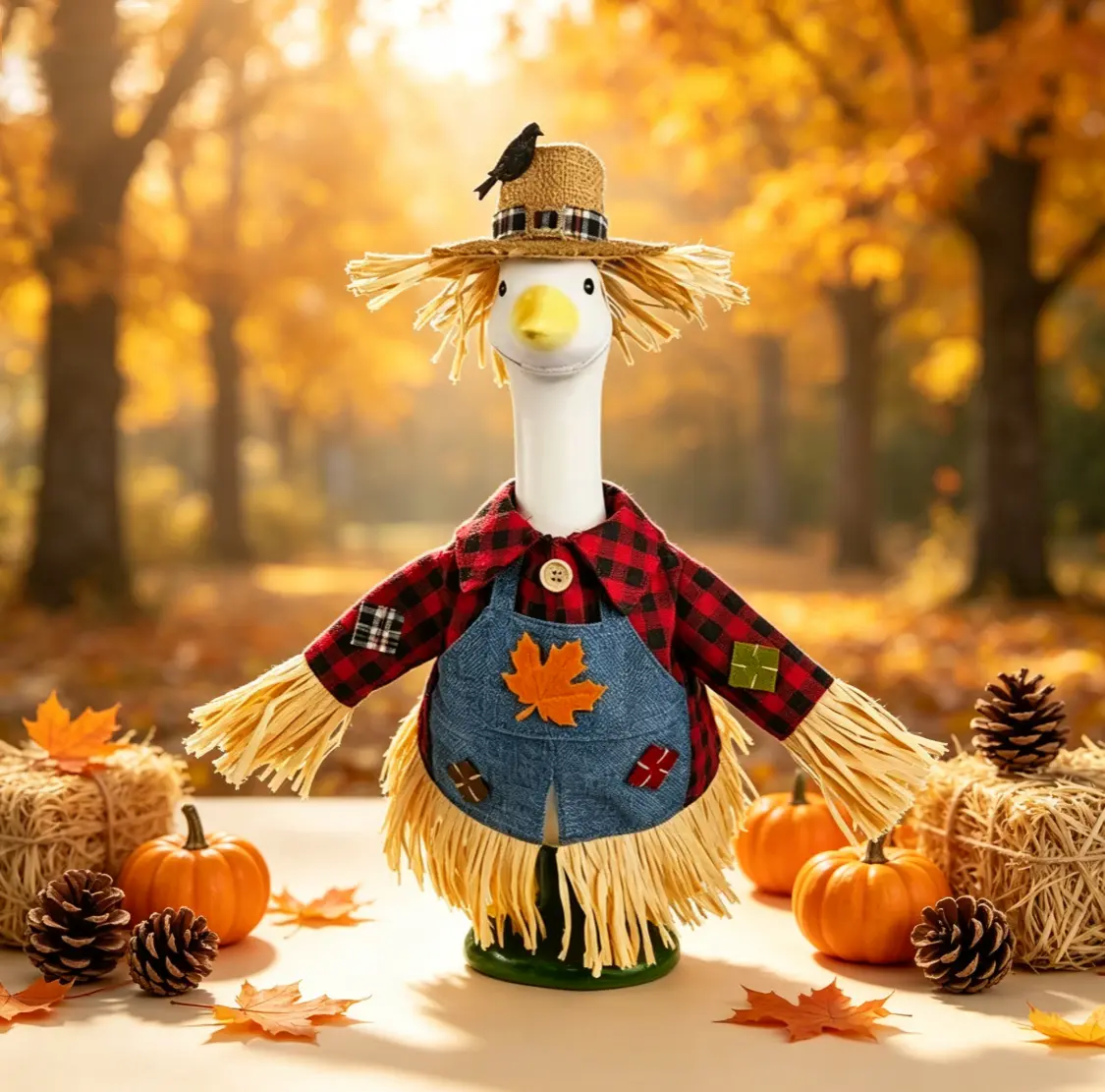 23" Lawn Goose Statue Outfit - Scarecrow Farmer Porch Costume with Plaid Design, Straw Hat, Denim Accents, Fall Thanksgiving Patio Outdoor Decor Accessory