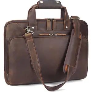 Leather Briefcase for Men Slim 16" Laptop Crossbody  Messenger Bag Attache Case for Business Work,  Brown
