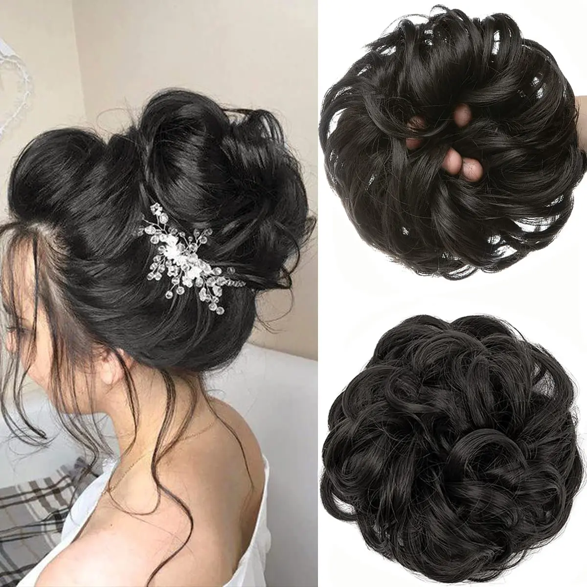 Large Messy Bun Hair Piece Wavy Curly Scrunchies Synthetic Thick Updo Hair Extensions For Women Daily Hairstyle Natural Black