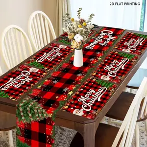 2D flat printing, 1 piece/4 pieces/6 pieces/5 pieces set/7 pieces set, Christmas checkered Santa Claus pattern table flag and placemat set, kitchen and restaurant decoration, suitable for family gatherings and holiday celebrations, Home Ornament
