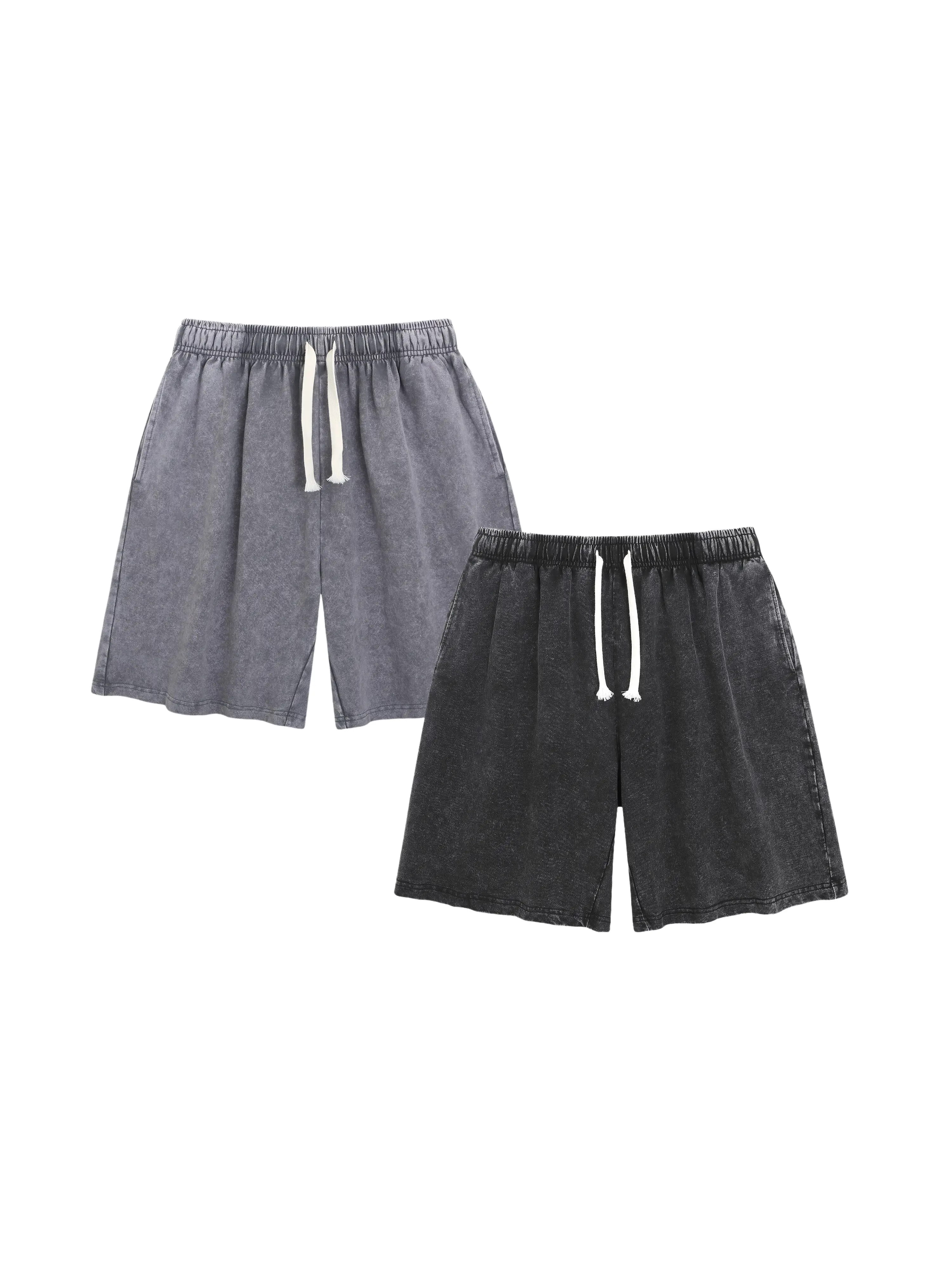 2-Pack Men's Vintage Washed Cotton Shorts, Comfy Oversized Loungewear with Pockets, Matching Plain Black Set for Summer Streetwear, Hoodie, Tops, Tank Tops, Tassel, Day