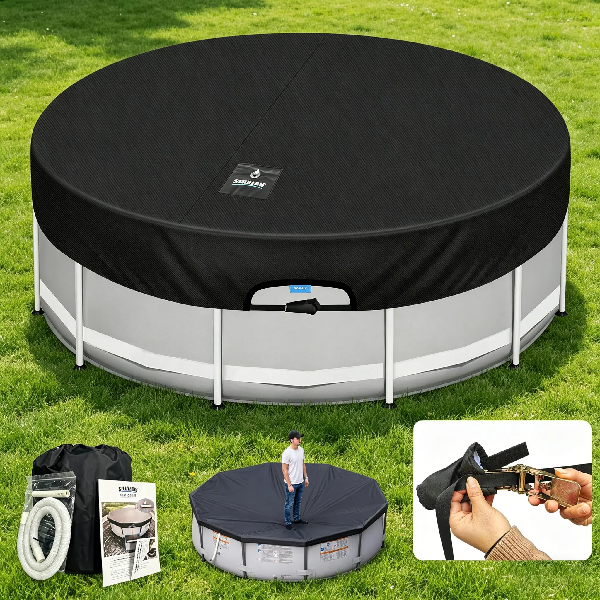 SIHAIAN Round Pool Cover, with Automatic Drain Pool Cover, Patented One-Piece Tensioning System Above Ground Pool Cover, Preventing Waterlogging, Yarn-dyed Oxford Fabric Solar Pool Cover