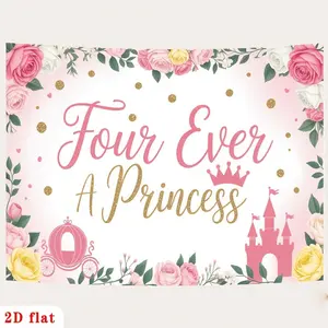 2D Flat, 1pc Princess Castle Banner with Pink Roses & Golden Lettering - Suitable for Party Decorations, Birthday, Valentine's Day, Eid Al-Fitr Backdrop, Four Ever A Princess Theme, No Electr