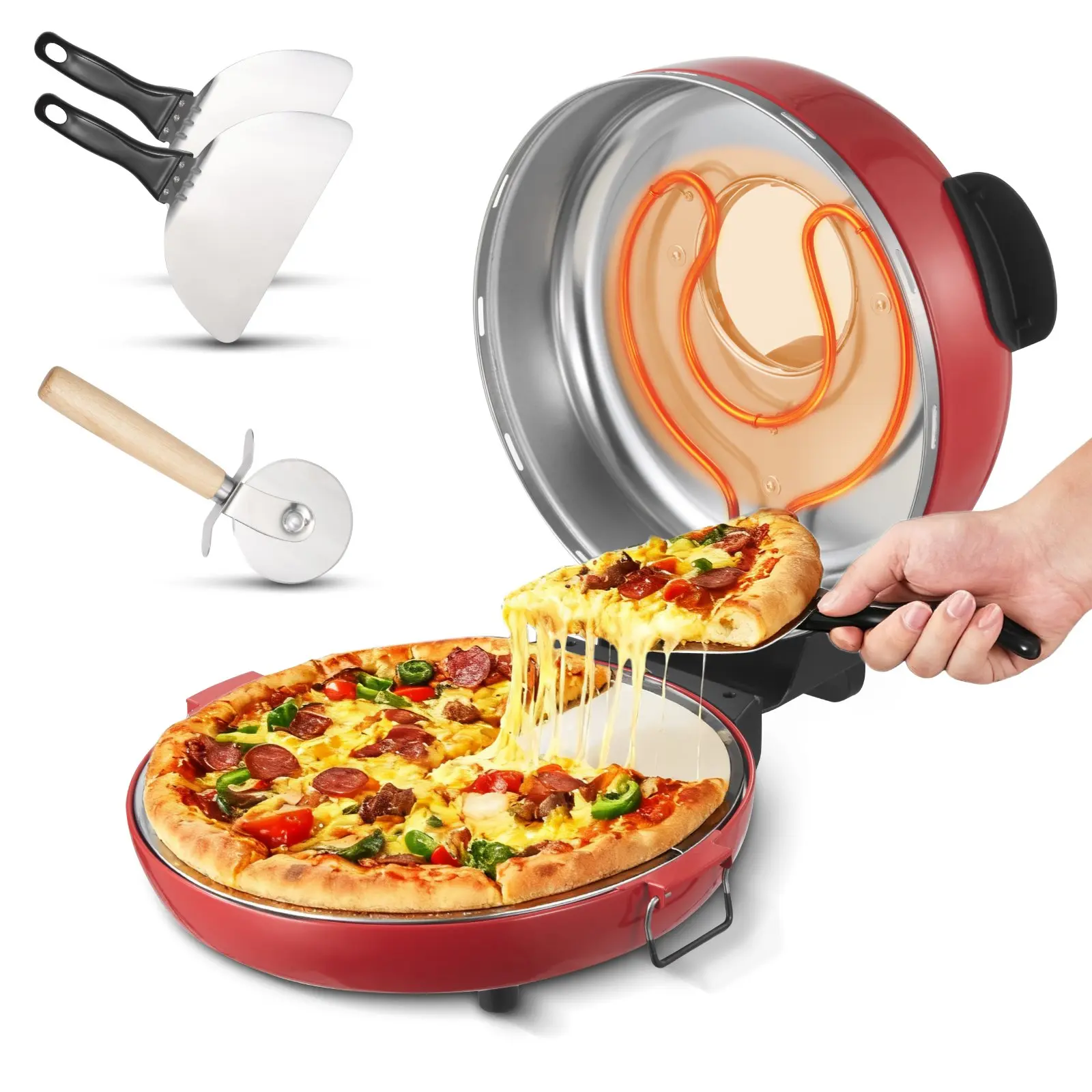 【Summerfinds】VEVOR Pizza Oven, 14 in Electric Pizza Maker, 1600W Electric Pizzas Cooker with Cordierite Stone, 5-Mode Temperature Control, Viewing Window for Precise Cooking, Heats up to 698 ˚F, for Home Kitchen