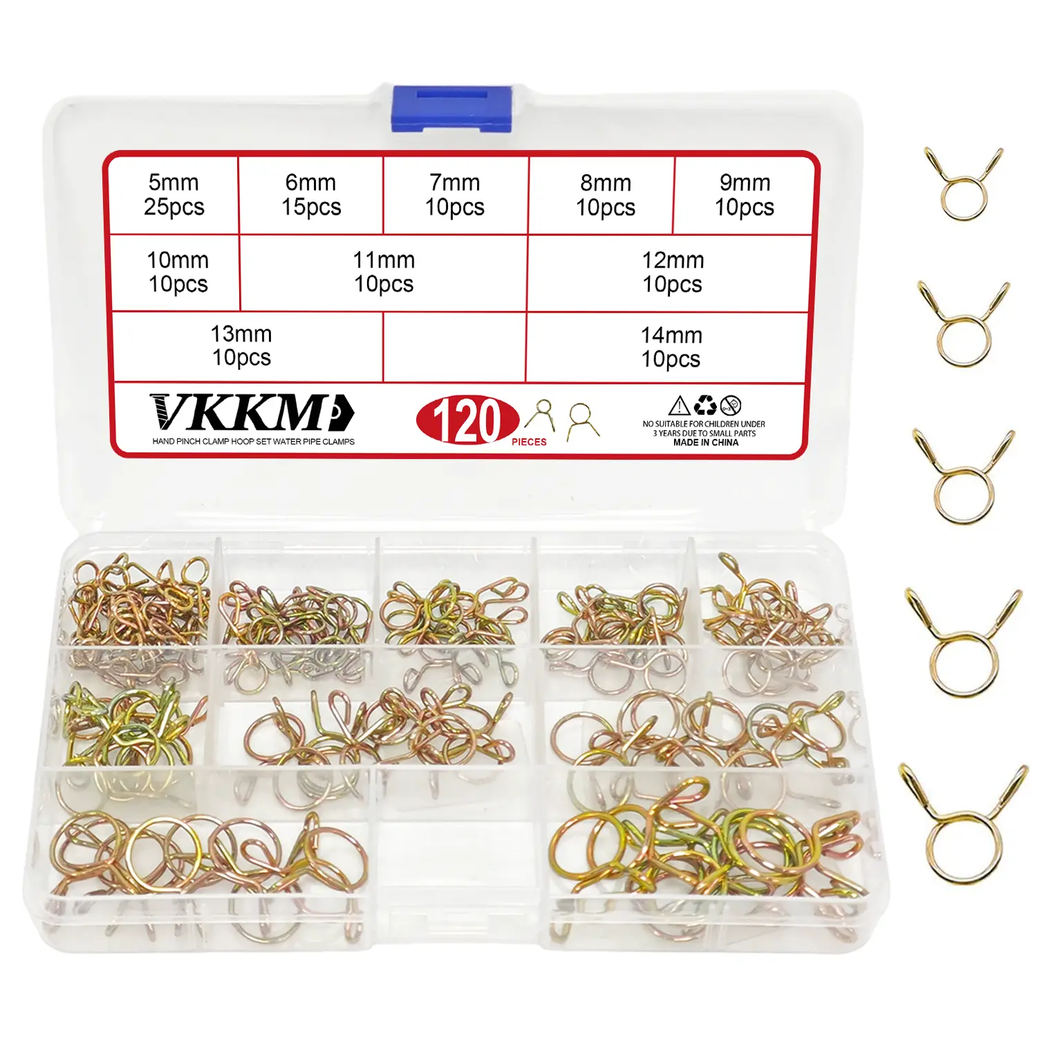 VKKM 120Pcs Multi-Size Spring Hose Clamps Assortment Kit, Zinc-Plated Steel Hand Pinch Clips for Fuel Lines, Plastic/Hoses, 9 Sizes 5mm-14mm Pipe Clamps for Automotive Water Pipe Tubing Repair, Assorted Kits, Auto Repairs