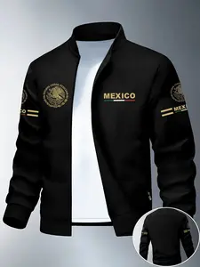 Men's Lightweight Long Sleeve Jacket, Mexico Print Letter Design, Casual Outerwear for Daily Wear and Outdoor Activities, Ideal Fashion Choice