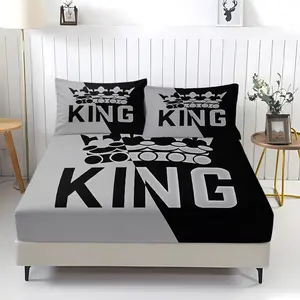 3pcs King Size Crown Pattern Fitted Sheet Set,Printed Bed Sheet Set with Pillowcases, Ultra-Soft Microfiber Bed Sheets Deep Pocket Mattress Cover,Mens  for Bedroom & Game Room & Man Cave