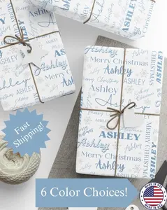 Personalized Christmas Wrapping Paper, Custom Name Collage Wrapping Paper Personalized Gift Wrap Blue Christmas Wrapping Paper