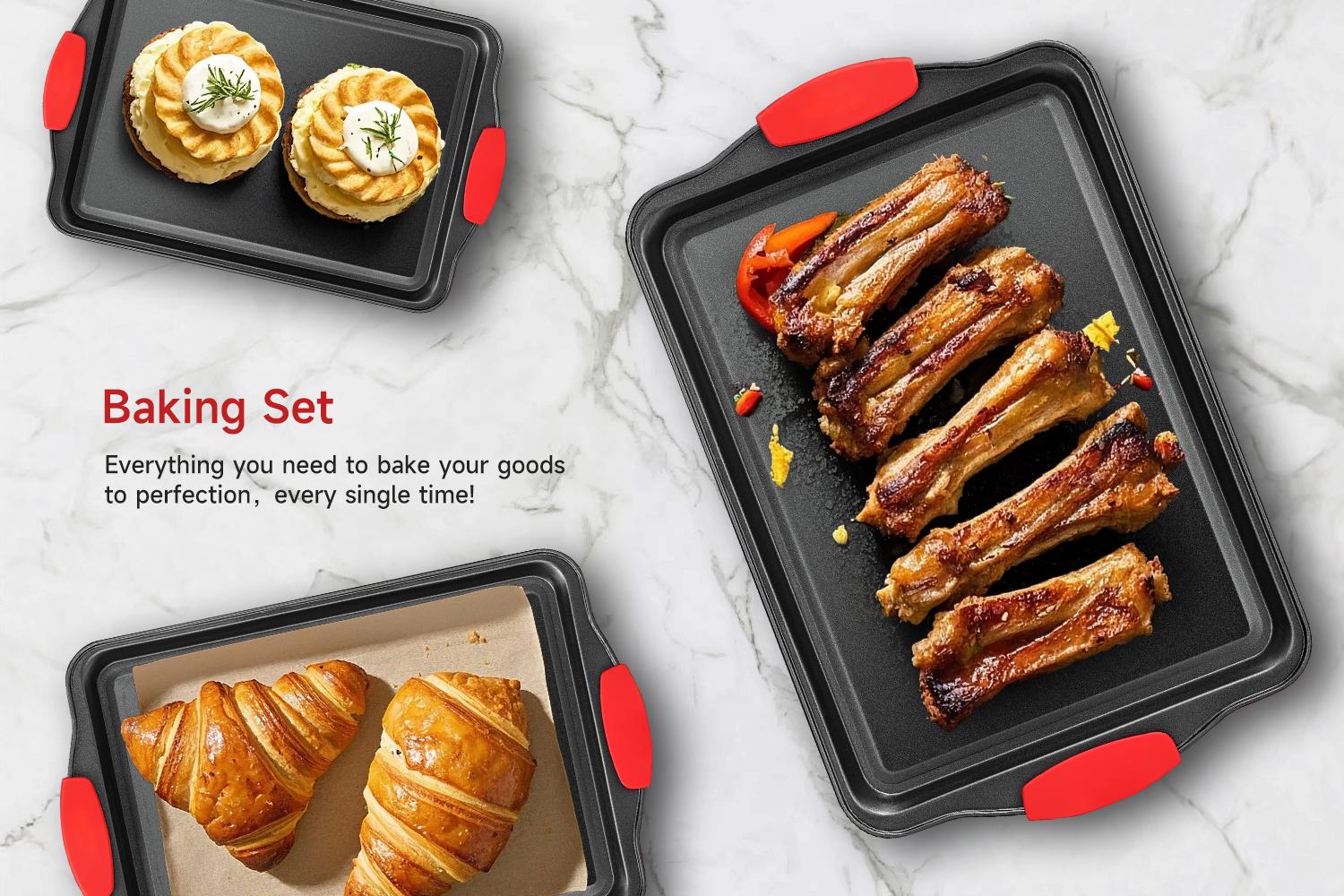 LOVEWE 3 PCS Nonstick Kitchen Oven Baking Pans - Premium & Stylish Non-Stick Steel, Commercial Grade Restaurant Quality Metal Bakeware with Red Silicone Handles - Easy to Clean